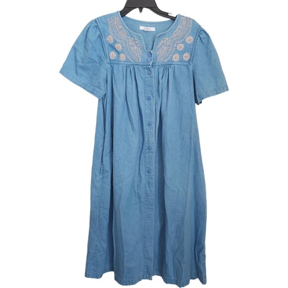Go Softly Patio Denim House Muumuu Dress Zipper Small Embroidery Short Sleeves - Picture 1 of 12